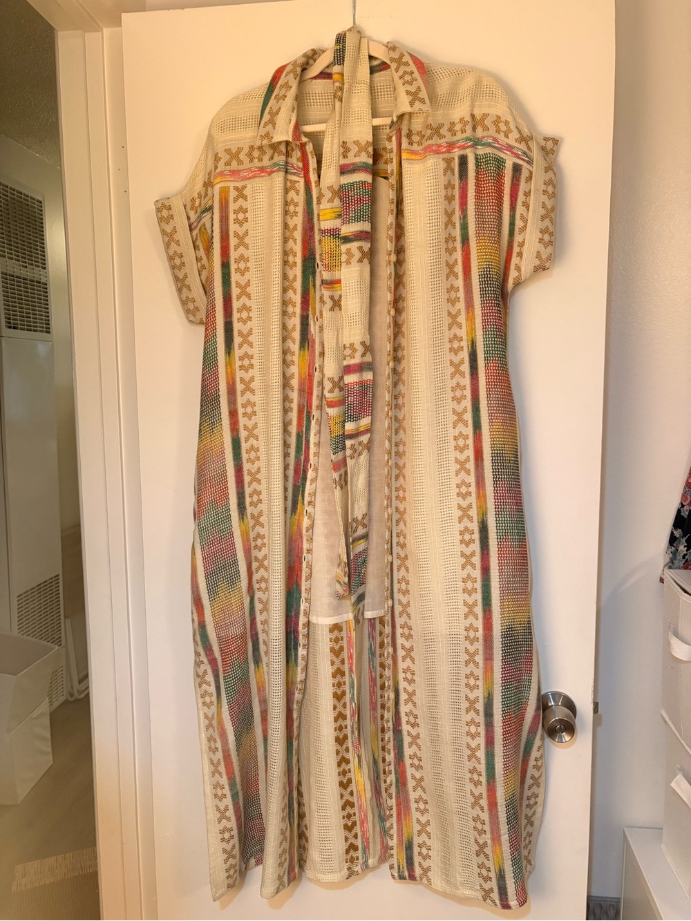 Boho Knit Maxi Duster with Multicolor Stripe Detail